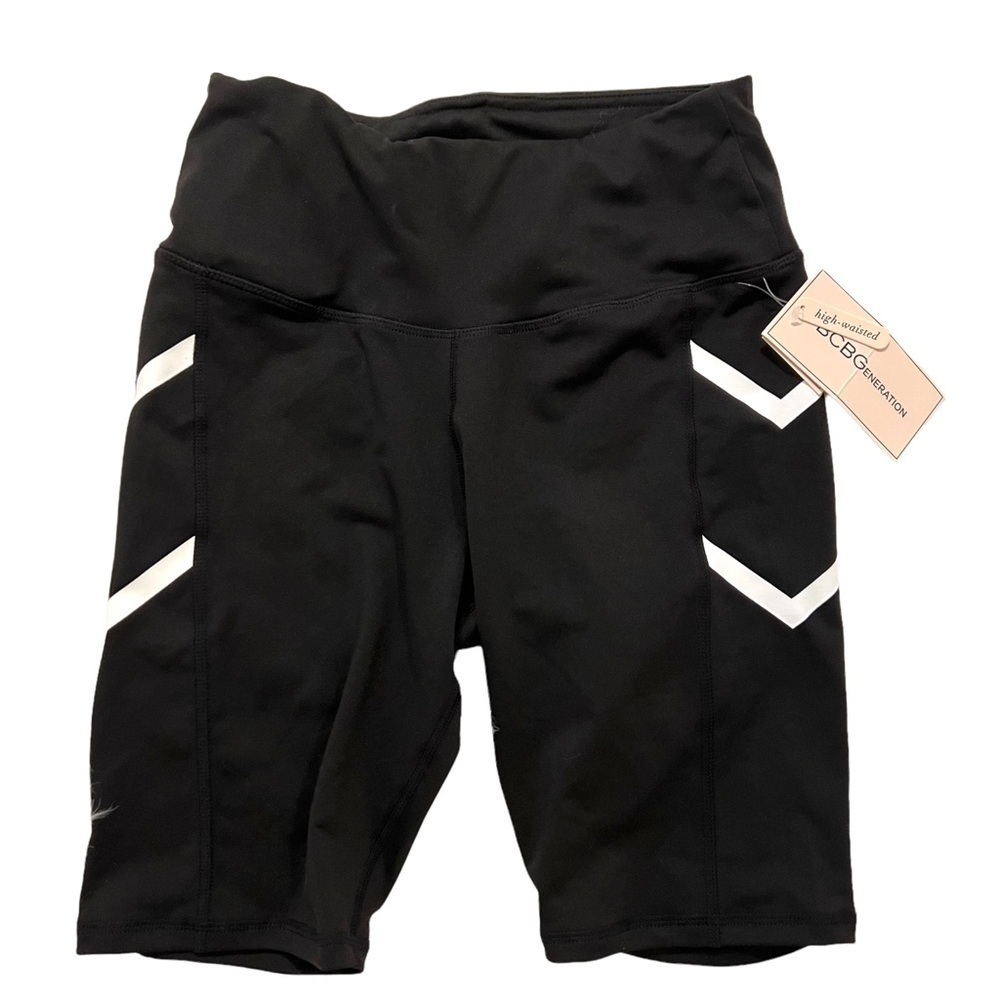 BCBGeneration Women's Size Medium High-Waisted Bike Shorts Black White Pockets